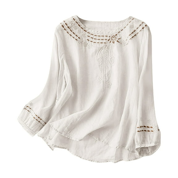 Yigetop Women's Boho Tops, Solid Color Large Size Cotton Linen Embroidered Summer Women's Long Sleeved Round Neck Top Embroidered Top White L