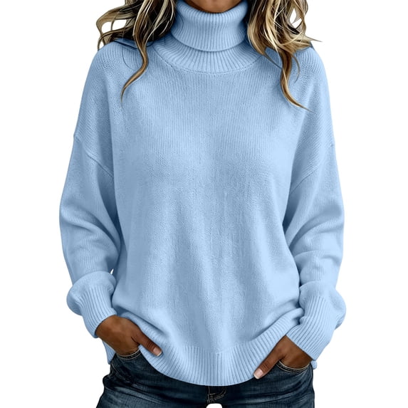 Yigetop Women's Cable Knit Turtleneck Sweater Soft Cozy Long Sleeve Pullover Casual Tops Warm Knitwear for Fall Winter Daily Wear Sky Blue S