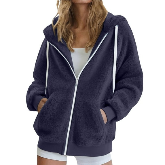 Yigetop Women's Casual Jackets, Women's Plus Size Solid Color Sweatershirt Hooded Pullover Warm Wool Plush Coat Zipper Top Hooded Jacket Women Navy 2XL