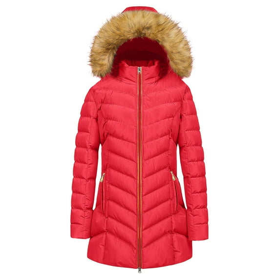 Yigetop Women's Coats, Women's Thickened Bread Cloth Warm Winter Faux Solid Color Padded Plus Size Mid Length Outwear Coat Jacket Parka Jacket Women Red 6XL
