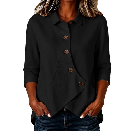 Yigetop Women's Cotton Linen Asymmetrical Button down Shirt Short Sleeve Loose Casual Summer Blouse Black XL