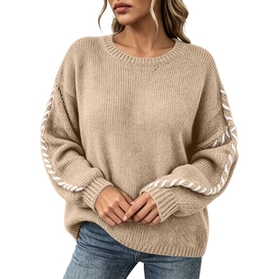 Yigetop Women's Crewneck Chunky Knit Sweater, Long Sleeve Loose‑Fit Casual Soft Pullover Work Daily Tops Khaki XL
