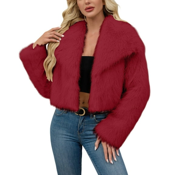 Yigetop Women's Fur & Faux Fur Jackets & Coats Women's 2025 Winter Coats Fleece Cropped Jacket Long Sleeve Warm Outerwear Fall Clothes Faux Fur Jacket Women Wine S