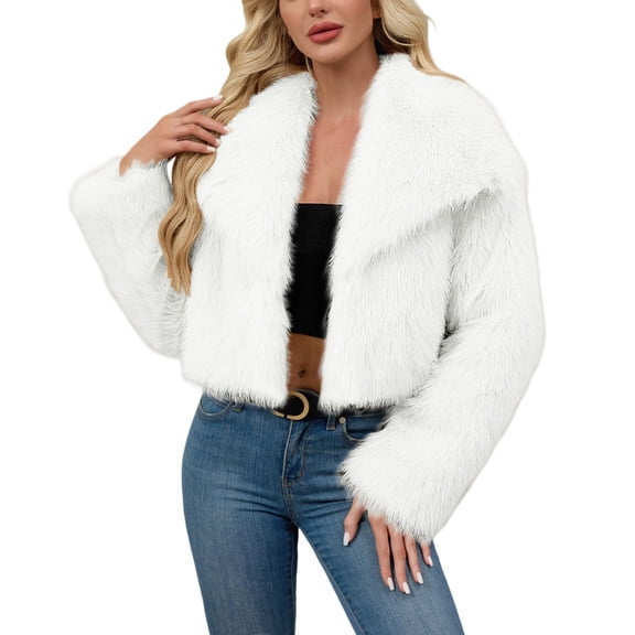 Yigetop Women's Fur & Faux Fur Jackets & Coats Women's 2025 Winter Coats Fleece Cropped Jacket Long Sleeve Warm Outerwear Fall Clothes Faux Fur Jacket Women White M