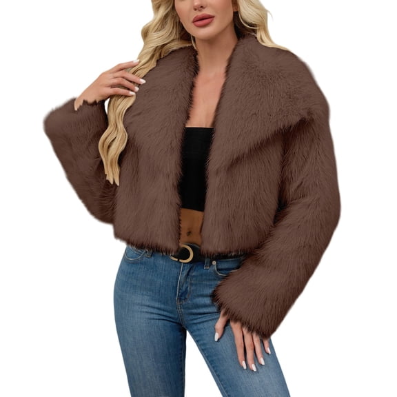 Yigetop Women's Fur & Faux Fur Jackets & Coats Women's 2025 Winter Coats Fleece Cropped Jacket Long Sleeve Warm Outerwear Fall Clothes Faux Fur Jacket Women Coffee S