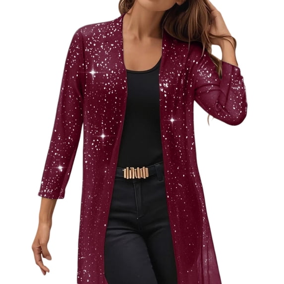 Yigetop Women's Glitter Cardigan Elegant Festive Tops Long Sleeve Sequin Jacket Lightweight Casual Holiday Party Outerwear Wine M