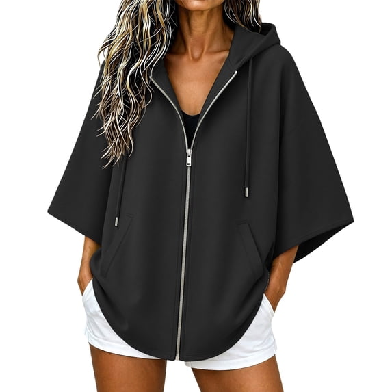 Yigetop Women's Oversized Batwing 3/4 Sleeve Zip up Hoodie Tops Loose Lightweight Jacket with Pockets Casual Outerwear for Daily Street Weekend Wear Black L