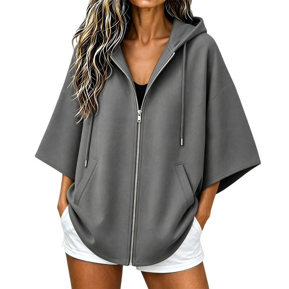 Yigetop Women's Oversized Batwing 3/4 Sleeve Zip up Hoodie Tops Loose Lightweight Jacket with Pockets Casual Outerwear for Daily Street Weekend Wear Dark Gray XL