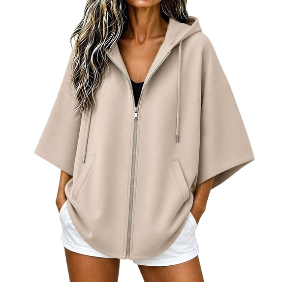 Yigetop Women's Oversized Batwing 3/4 Sleeve Zip up Hoodie Tops Loose Lightweight Jacket with Pockets Casual Outerwear for Daily Street Weekend Wear Khaki XL