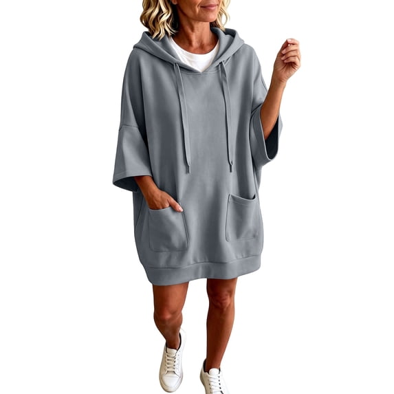 Yigetop Women's Oversized Short Sleeve Hoodie Dress, Loose Casual Sweatshirt Dress with Side Pockets Blue M