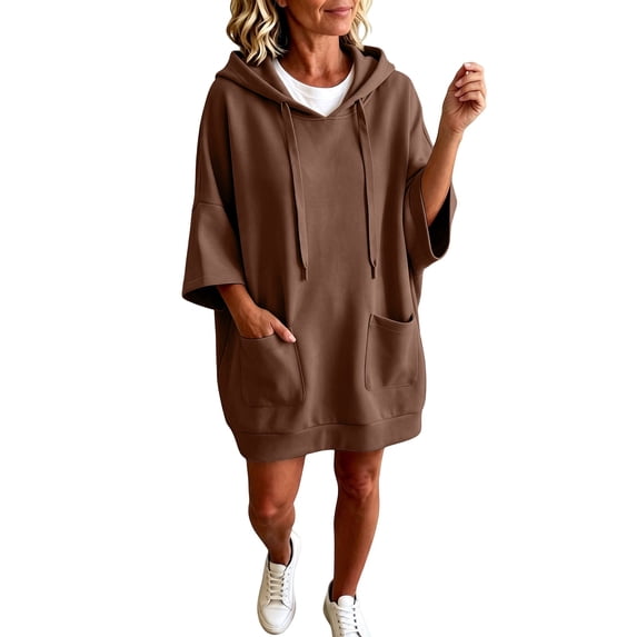 Yigetop Women's Oversized Short Sleeve Hoodie Dress, Loose Casual Sweatshirt Dress with Side Pockets Brown S