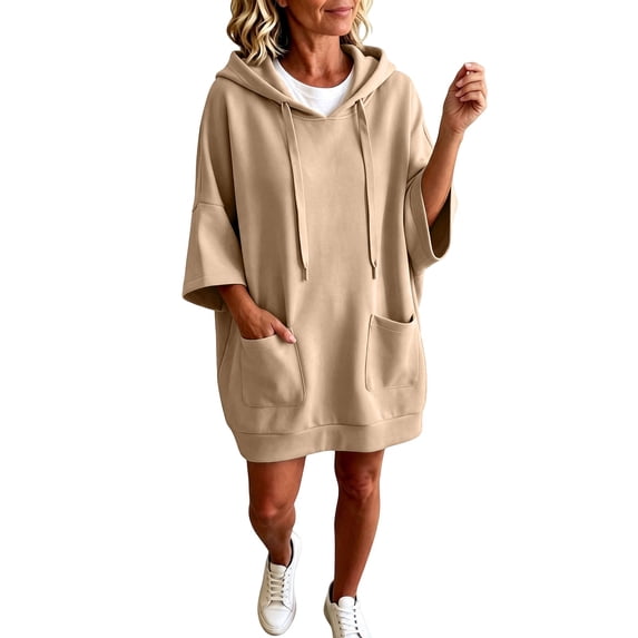 Yigetop Women's Oversized Short Sleeve Hoodie Dress, Loose Casual Sweatshirt Dress with Side Pockets Khaki XXL