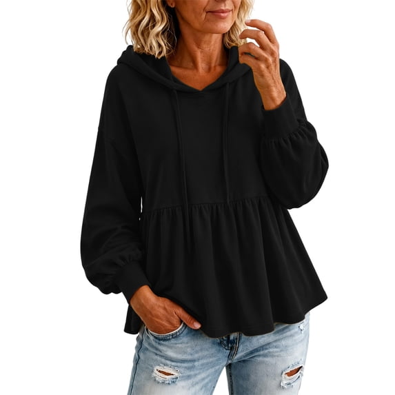 Yigetop Women's Peplum Hooded Sweatshirt Long Sleeve Puff Sleeve Loose Casual Pullover Hoodie Tops Black L