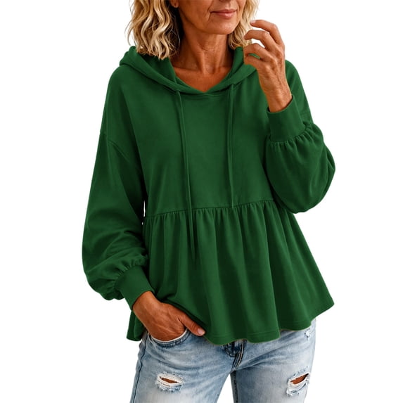Yigetop Women's Peplum Hooded Sweatshirt Long Sleeve Puff Sleeve Loose Casual Pullover Hoodie Tops Blackish Green L
