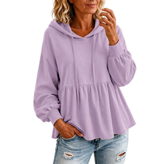Yigetop Women's Peplum Hooded Sweatshirt Long Sleeve Puff Sleeve Loose Casual Pullover Hoodie Tops Light Violet XL