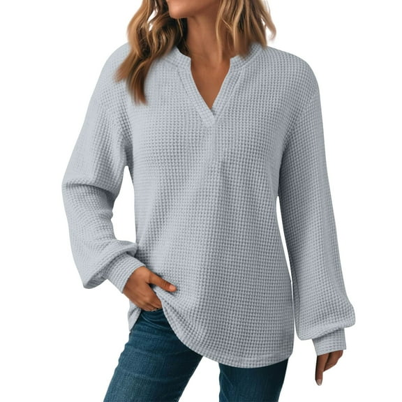 Yigetop Women's Tops, Tees & Blouses, Womens Knit Tops 2025 Casual Button Shirts Long Sleeve V Neck Blouses Basic Tee Shirts for Women Dressy Casual Light Ashy S