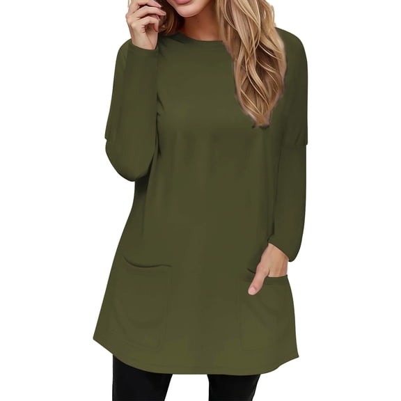 Yigetop Women's Tunics Full Size Pocketed Round Neck Long Sleeve T Shirt Women's Spring and Autumn Pocket Round Neck Long Sleeve T Shirt Casual Loose Top Long Sleeve Tunic Tops for Women Green L