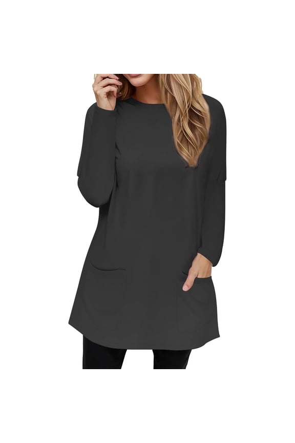 Women's Tunics Full Size Pocketed Round Neck Long Sleeve T Shirt Women's Spring and Autumn Pocket Round Neck Long Sleeve T Shirt Casual Loose Top Long Sleeve Tunic Tops for Women Black 5XL