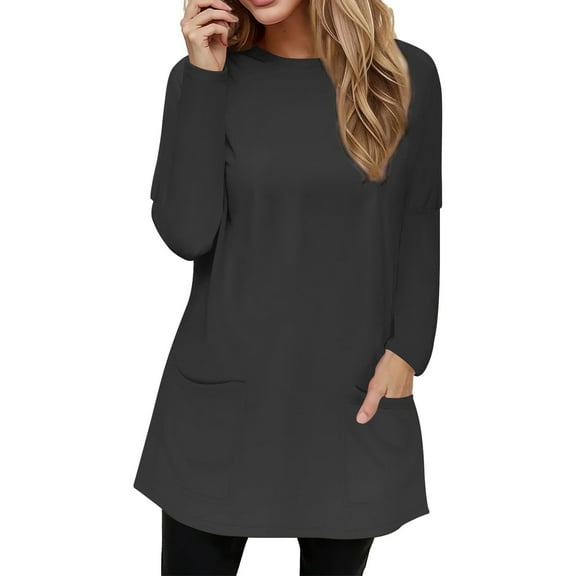 Yigetop Women's Tunics Full Size Pocketed Round Neck Long Sleeve T Shirt Women's Spring and Autumn Pocket Round Neck Long Sleeve T Shirt Casual Loose Top Long Sleeve Tunic Tops for Women Black L