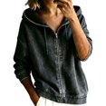 thumbnail image 1 of Yigetop Women's Zip up Hooded Denim Jacket Long Sleeve Hoodie Casual Loose Retro Washed Jean Outerwear Coat Black 3XL, 1 of 5