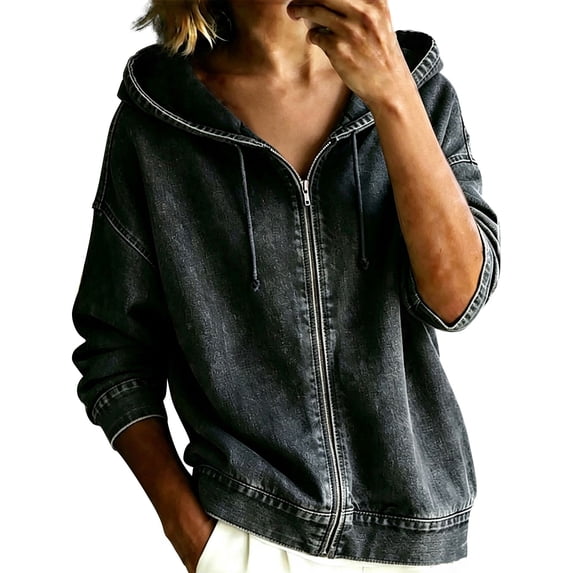 Yigetop Women's Zip up Hooded Denim Jacket Long Sleeve Hoodie Casual Loose Retro Washed Jean Outerwear Coat Black 3XL