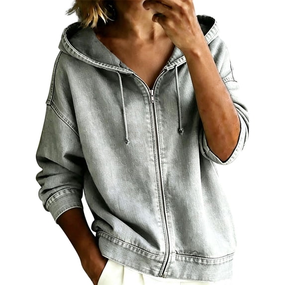 Yigetop Women's Zip up Hooded Denim Jacket Long Sleeve Hoodie Casual Loose Retro Washed Jean Outerwear Coat Light Ashy 5XL