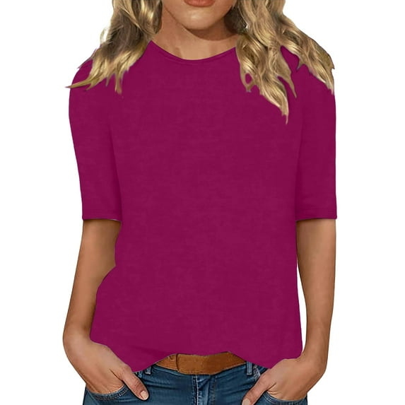 Yigetop Womens 3/4 Sleeve Tops! Women's Half Sleeve T Shirt Crew Neck Summer T Shirt Lightweight Plain Top Basic Tops 3/4 Sleeve T Shirts for Women Hot Pink 3XL