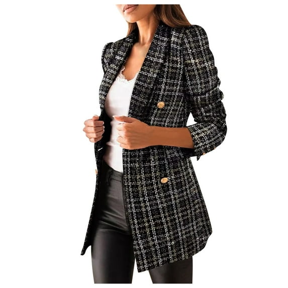 Yigetop Womens Blazer Women's New Fashion Long-Sleeved Casual Suit Collar Printed Pocket Jacket Tweed Blazers for Women Black S
