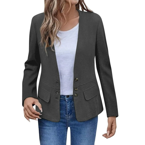 Yigetop Womens Blazers, Womens Lightweight Casual V Neck Open Front Slim Long Sleeve Button Down Cardigan Work Suit Jackets Tops with Pockets Summer Jackets for Women Dark Gray L