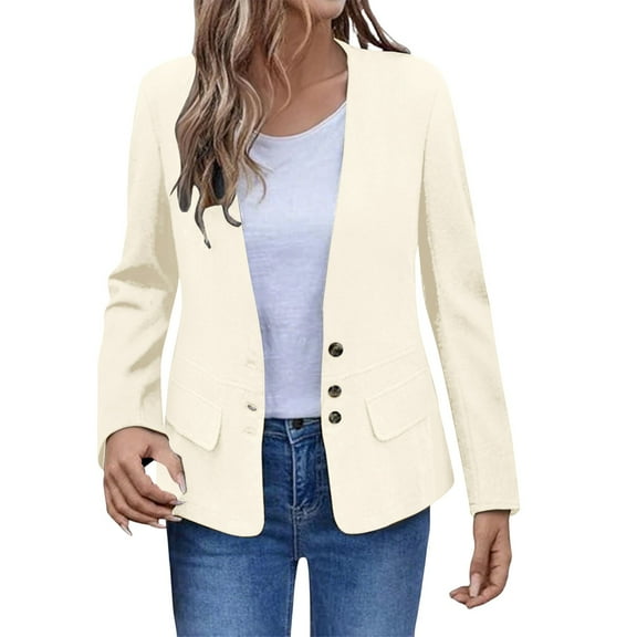 Yigetop Womens Blazers, Womens Lightweight Casual V Neck Open Front Slim Long Sleeve Button Down Cardigan Work Suit Jackets Tops with Pockets Summer Jackets for Women Beige 2XL