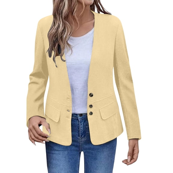 Yigetop Womens Blazers, Womens Lightweight Casual V Neck Open Front Slim Long Sleeve Button Down Cardigan Work Suit Jackets Tops with Pockets Summer Jackets for Women Khaki 2XL