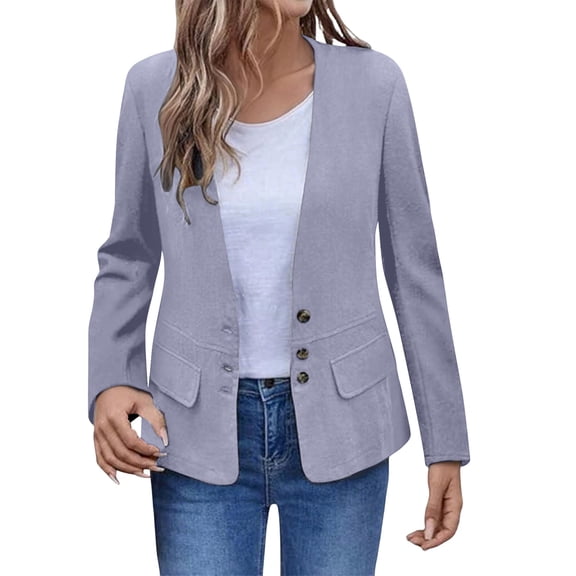 Yigetop Womens Blazers, Womens Lightweight Casual V Neck Open Front Slim Long Sleeve Button Down Cardigan Work Suit Jackets Tops with Pockets Summer Jackets for Women Grey 2XL