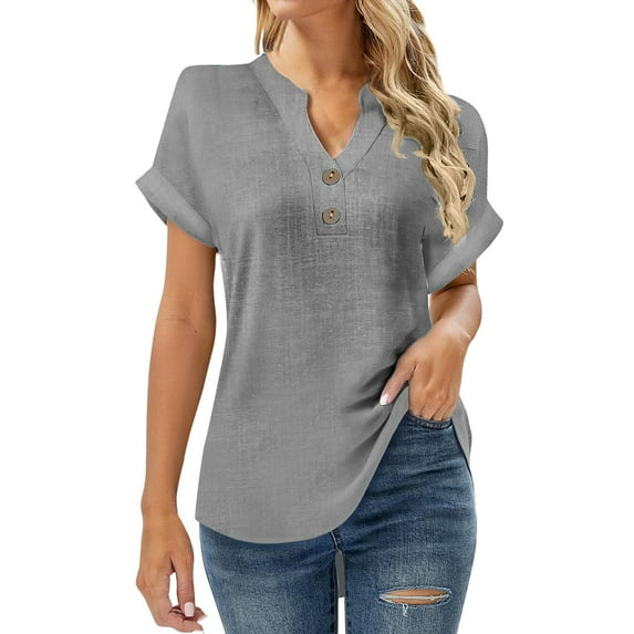 Yigetop Womens Blouses Casual, Women' Fashionable Casual V Neck Button Short Sleeved Slit Top T Shirt Shirts for Women Dressy Casual Grey 5XL
