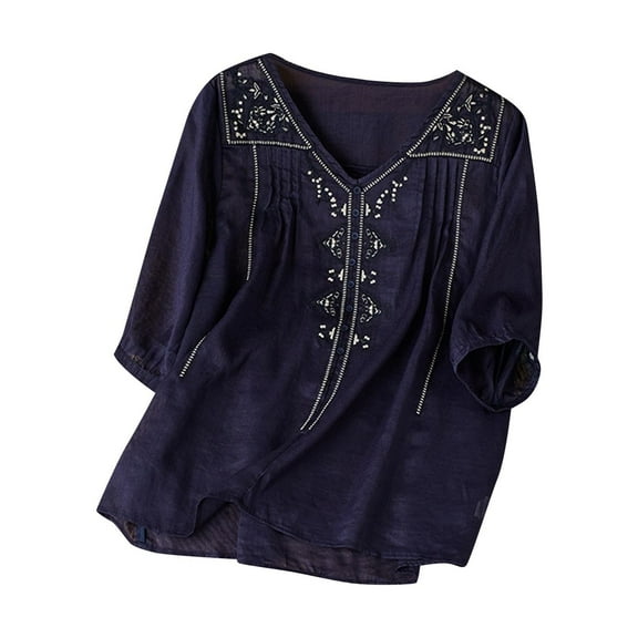 Yigetop Womens Boho Tops, 3/4 Sleeve Linen Shirts for Women 2025 Cotton Summer Retro Embroidered Boho Tops Casual Trendy Vacation Blouse Womens Spring Tops Navy M