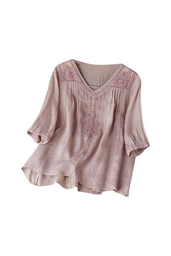 Womens Boho Tops, 3/4 Sleeve Linen Shirts for Women 2025 Cotton Summer Retro Embroidered Boho Tops Casual Trendy Vacation Blouse Womens Spring Tops Purple M