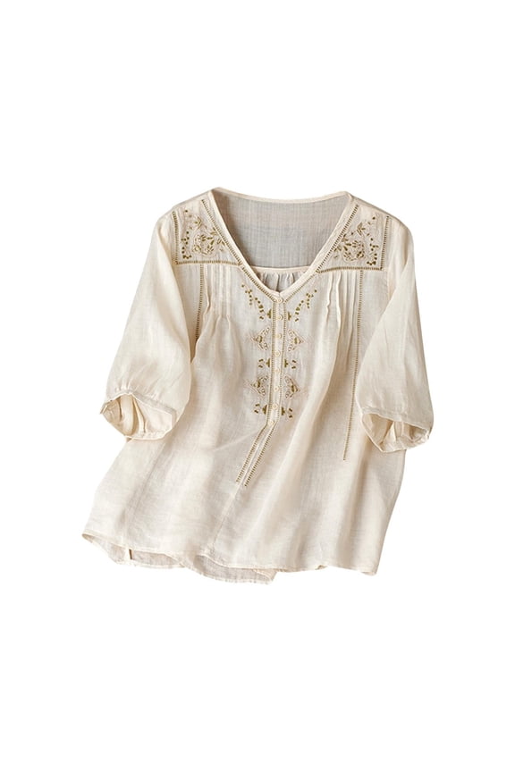 Womens Boho Tops, 3/4 Sleeve Linen Shirts for Women 2025 Cotton Summer Retro Embroidered Boho Tops Casual Trendy Vacation Blouse Womens Spring Tops Beige L