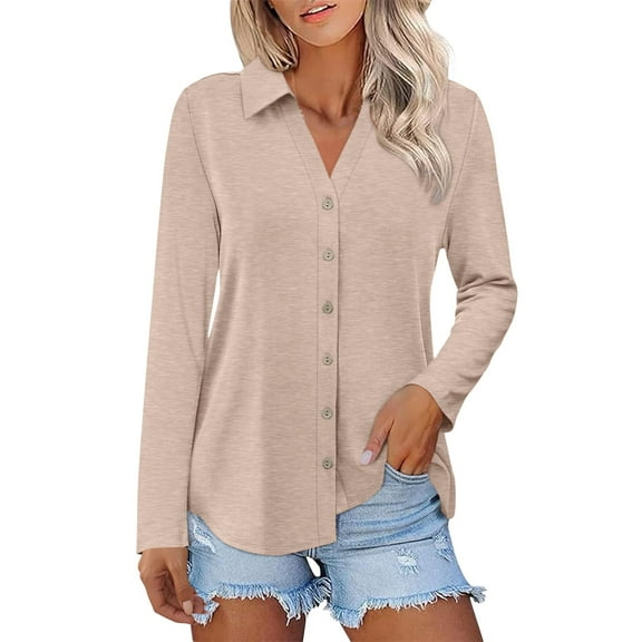 Yigetop Womens Button Down Blouse, Womens Long Sleeve Tops Button Down Shirts Casual Fall Tops Trendy Tops Shirts for Women Beige L