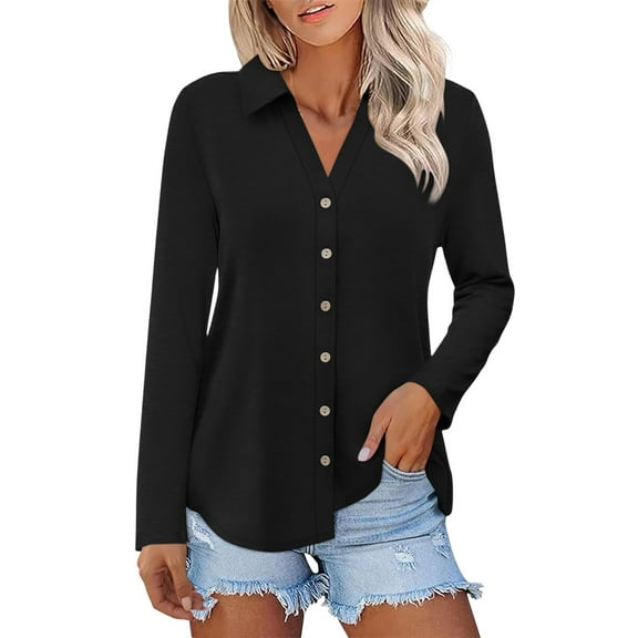 Yigetop Womens Button Down Blouse, Womens Long Sleeve Tops Button Down Shirts Casual Fall Tops Trendy Tops Shirts for Women Black M