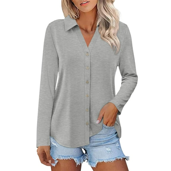 Yigetop Womens Button Down Blouse, Womens Long Sleeve Tops Button Down Shirts Casual Fall Tops Trendy Tops Shirts for Women Light Ashy S