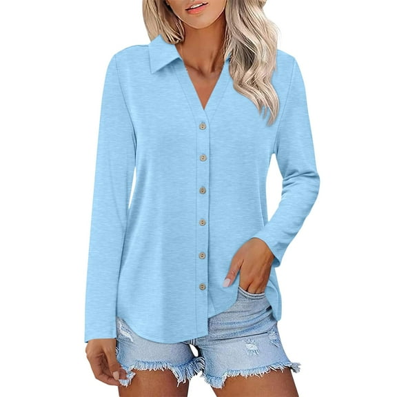 Yigetop Womens Button Down Blouse, Womens Long Sleeve Tops Button Down Shirts Casual Fall Tops Trendy Tops Shirts for Women Light Blue 2XL