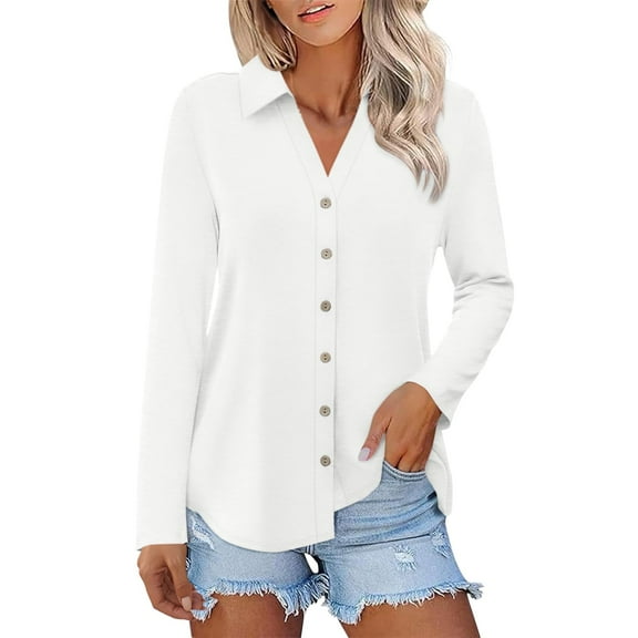 Yigetop Womens Button Down Blouse, Womens Long Sleeve Tops Button Down Shirts Casual Fall Tops Trendy Tops Shirts for Women White S