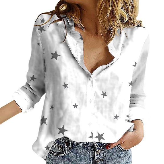 Yigetop Womens Button Down Shirt, Women Casual Lapel Button Long Sleeve Shirts Colorful Line Printed Long Sleeve Casual Shirts Work Shirts for Women White M