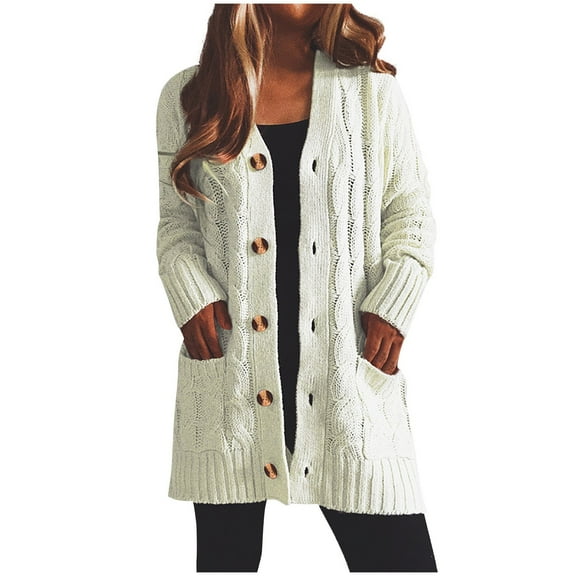 Yigetop Womens Cardigan Sweaters Ladies Cardigan Knit Jacket Single Breasted Coarse T Wist Pocket Long Sleeve Knitted Sweater Cardigan Sweaters for Women Beige M