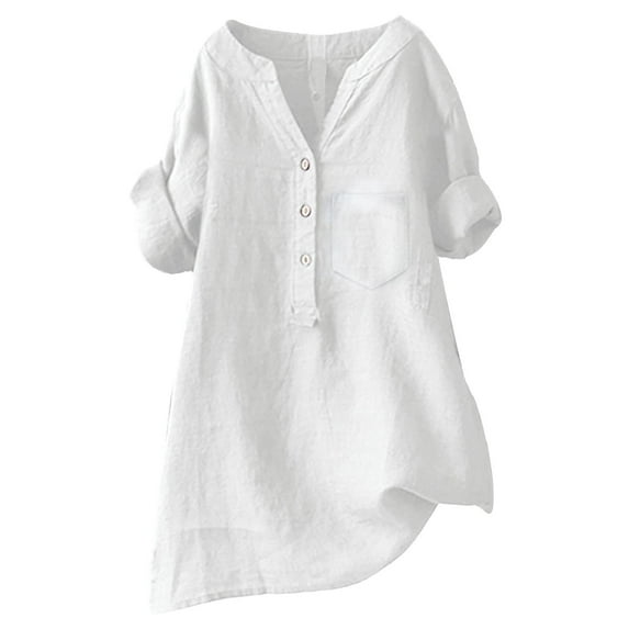 Yigetop Womens Collared Shirt, Loose Button Shirt Top Stand Solid Color Sleeve Collar Casual Women's Shirt Women's Shirt Work Clothes for Women 2025 White 5XL