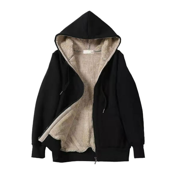 Yigetop Womens Hoodies Jacket Women's Sweatshirt Winter Casual Lined Up Warm Zip Coat Hooded Women's Coat Fleece Jacket Black 6XL