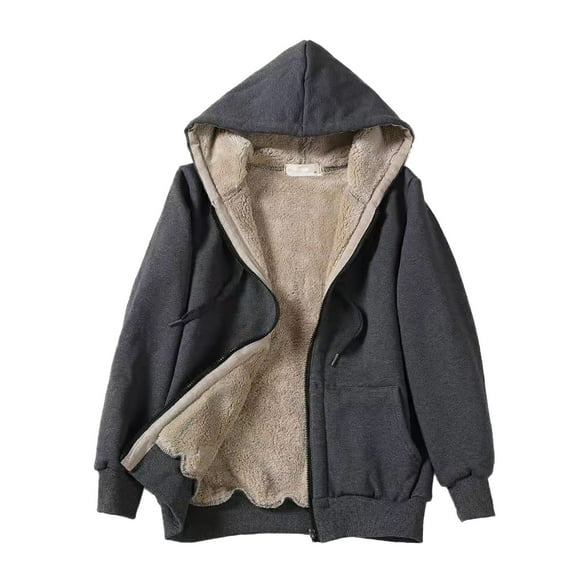 Yigetop Womens Hoodies Jacket Women's Sweatshirt Winter Casual Lined Up Warm Zip Coat Hooded Women's Coat Fleece Jacket Dark Gray 8XL