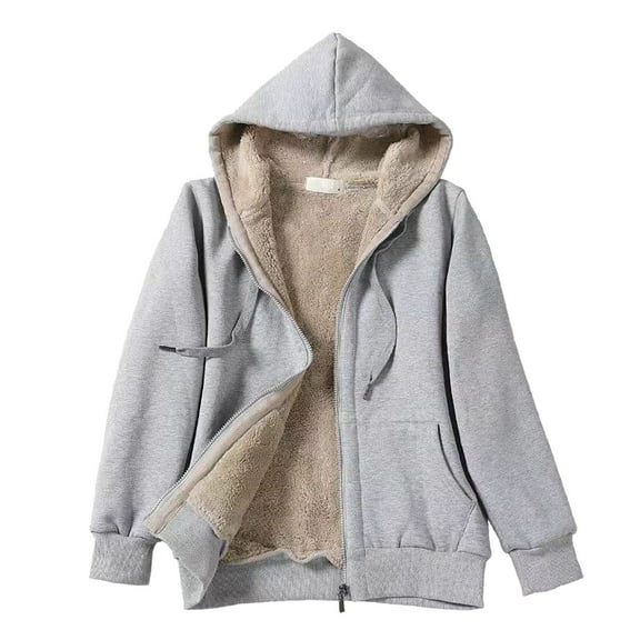 Yigetop Womens Hoodies Jacket Women's Sweatshirt Winter Casual Lined Up Warm Zip Coat Hooded Women's Coat Fleece Jacket Grey M