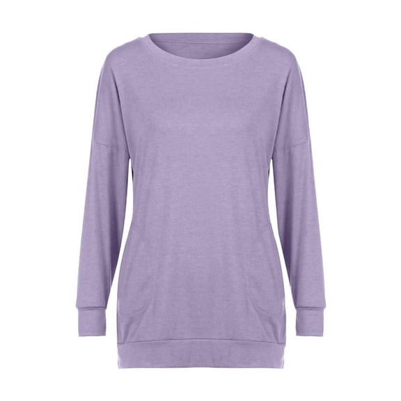 Yigetop Womens Long Sleeve Tops Casual Women Casual Long Sleeve Cotton Solid Loose Pockets T Shirt Blouses Tops Long Sleeve Tunic Tops for Women Purple 2XL