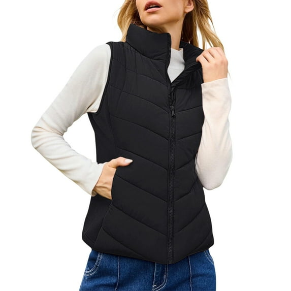 Yigetop Womens Puffer Vest Puffer Vest Women Sleeveless Zip Up Outerwear Stand Collar Quilted Vest Warm Winter Jackets Coats with Pocket Womens Vest Jacket Black L