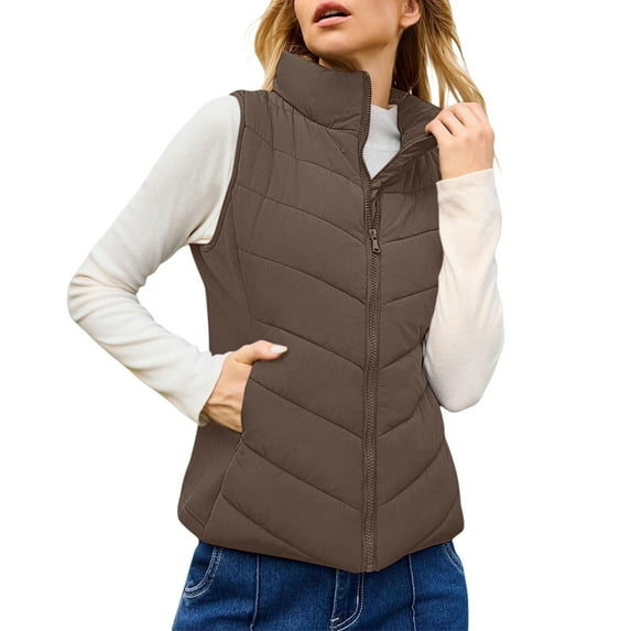 Yigetop Womens Puffer Vest Puffer Vest Women Sleeveless Zip Up Outerwear Stand Collar Quilted Vest Warm Winter Jackets Coats with Pocket Womens Vest Jacket Brown L